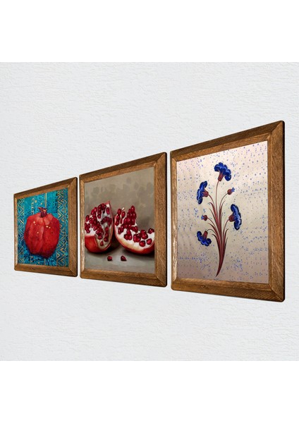 Ebru Sanatı, Nar Taş Duvar Tablosu Ahşap Çerçeveli Duvar Dekoru 3 Parça Tablo Seti Wall Art W3-837