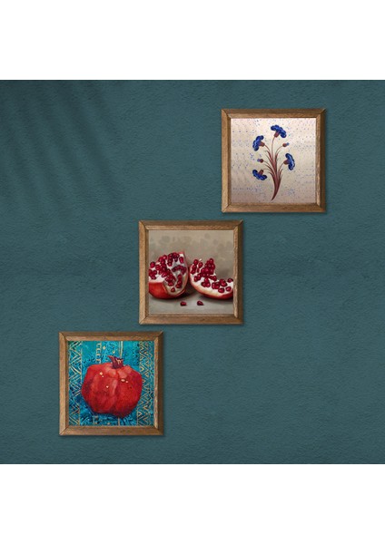 Ebru Sanatı, Nar Taş Duvar Tablosu Ahşap Çerçeveli Duvar Dekoru 3 Parça Tablo Seti Wall Art W3-837