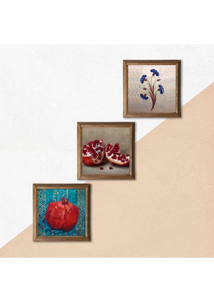 Ebru Sanatı, Nar Taş Duvar Tablosu Ahşap Çerçeveli Duvar Dekoru 3 Parça Tablo Seti Wall Art W3-837