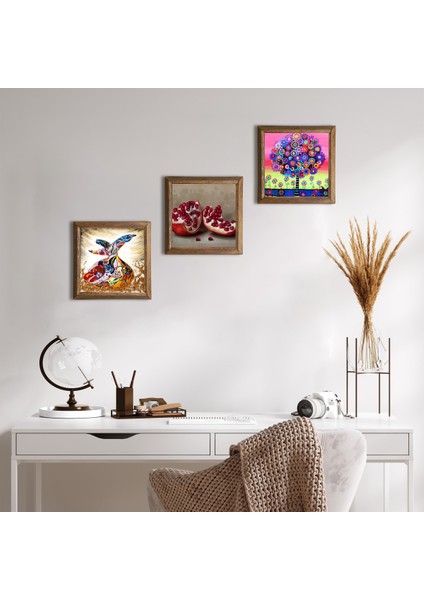 Karla Gerard Hayat Ağacı, Semazen, Nar Taş Duvar Tablosu Ahşap Çerçeveli Duvar Dekoru 3 Parça Tablo Seti Wall Art W3-848