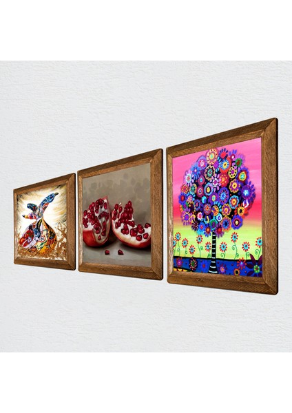 Karla Gerard Hayat Ağacı, Semazen, Nar Taş Duvar Tablosu Ahşap Çerçeveli Duvar Dekoru 3 Parça Tablo Seti Wall Art W3-848