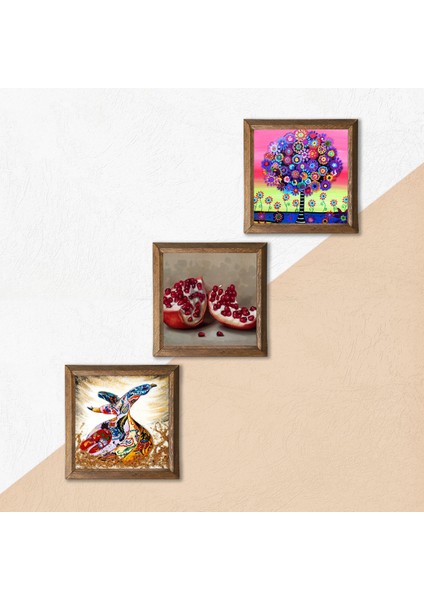 Karla Gerard Hayat Ağacı, Semazen, Nar Taş Duvar Tablosu Ahşap Çerçeveli Duvar Dekoru 3 Parça Tablo Seti Wall Art W3-848