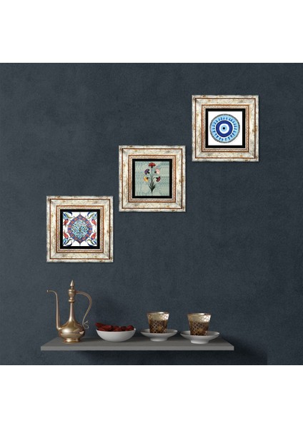 Nazar, Ebru Sanatı, Çini Sanatı Taş Duvar Tablosu Çerçeveli Duvar Dekoru 3 Parça Tablo Seti Wall Art T3-131