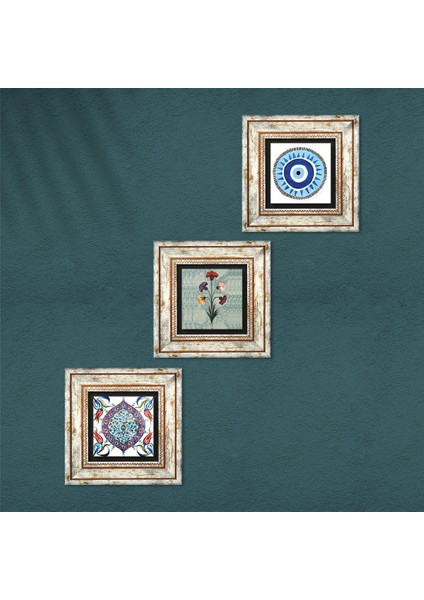 Nazar, Ebru Sanatı, Çini Sanatı Taş Duvar Tablosu Çerçeveli Duvar Dekoru 3 Parça Tablo Seti Wall Art T3-131