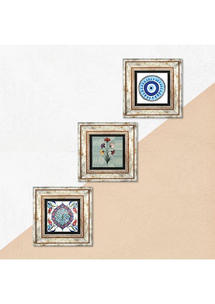 Nazar, Ebru Sanatı, Çini Sanatı Taş Duvar Tablosu Çerçeveli Duvar Dekoru 3 Parça Tablo Seti Wall Art T3-131