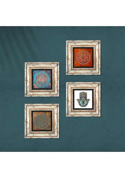 Yaşam Çiçeği, Mandala, Fatma Ana Eli (Hamsa) Çerçeveli Taş Duvar Tablosu 4’lü Set - Dekoratif Modern Sanat, Ev ve Ofis Dekoru |TK4-412| fırsatları