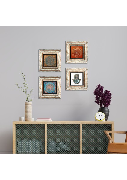 Stone Yaşam Çiçeği, Sri Yantra, Fatma Ana Eli (Hamsa) Çerçeveli Taş Duvar Tablosu 4’lü Set - Dekoratif Modern Sanat, Ev ve Ofis Dekoru |TK4-413|
