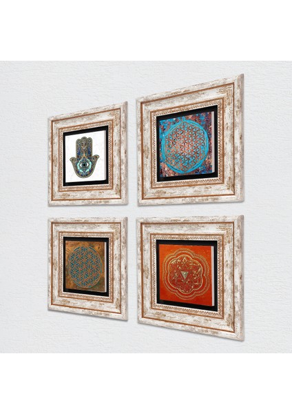 Stone Yaşam Çiçeği, Sri Yantra, Fatma Ana Eli (Hamsa) Çerçeveli Taş Duvar Tablosu 4’lü Set - Dekoratif Modern Sanat, Ev ve Ofis Dekoru |TK4-413| fiyatları