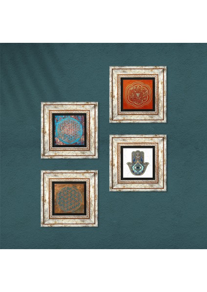 Stone Yaşam Çiçeği, Sri Yantra, Fatma Ana Eli (Hamsa) Çerçeveli Taş Duvar Tablosu 4’lü Set - Dekoratif Modern Sanat, Ev ve Ofis Dekoru |TK4-413| fırsatları