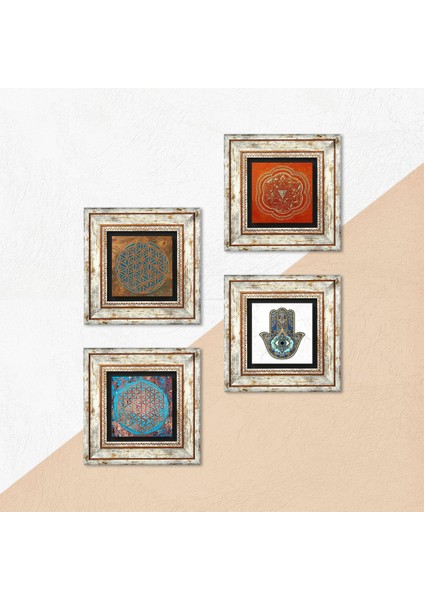 Stone Yaşam Çiçeği, Sri Yantra, Fatma Ana Eli (Hamsa) Çerçeveli Taş Duvar Tablosu 4’lü Set - Dekoratif Modern Sanat, Ev ve Ofis Dekoru |TK4-413| indirimleri