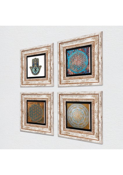 Stone Yaşam Çiçeği, Sri Yantra, Fatma Ana Eli (Hamsa) Çerçeveli Taş Duvar Tablosu 4’lü Set - Dekoratif Modern Sanat, Ev ve Ofis Dekoru |TK4-414| fiyatları