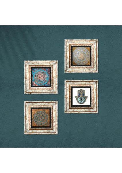 Stone Yaşam Çiçeği, Sri Yantra, Fatma Ana Eli (Hamsa) Çerçeveli Taş Duvar Tablosu 4’lü Set - Dekoratif Modern Sanat, Ev ve Ofis Dekoru |TK4-414| fırsatları