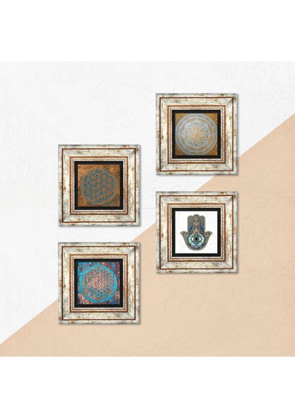 Stone Yaşam Çiçeği, Sri Yantra, Fatma Ana Eli (Hamsa) Çerçeveli Taş Duvar Tablosu 4’lü Set - Dekoratif Modern Sanat, Ev ve Ofis Dekoru |TK4-414| indirimleri