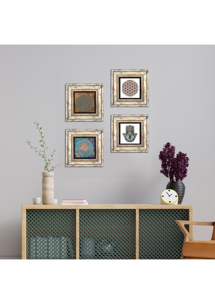 Stone Yaşam Çiçeği, Fatma Ana Eli (Hamsa) Çerçeveli Taş Duvar Tablosu 4’lü Set - Dekoratif Modern Sanat, Ev ve Ofis Dekoru |TK4-419|