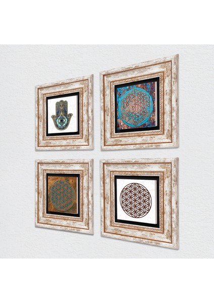 Stone Yaşam Çiçeği, Fatma Ana Eli (Hamsa) Çerçeveli Taş Duvar Tablosu 4’lü Set - Dekoratif Modern Sanat, Ev ve Ofis Dekoru |TK4-419| fiyatları