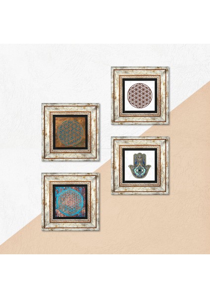 Stone Yaşam Çiçeği, Fatma Ana Eli (Hamsa) Çerçeveli Taş Duvar Tablosu 4’lü Set - Dekoratif Modern Sanat, Ev ve Ofis Dekoru |TK4-419| indirimleri