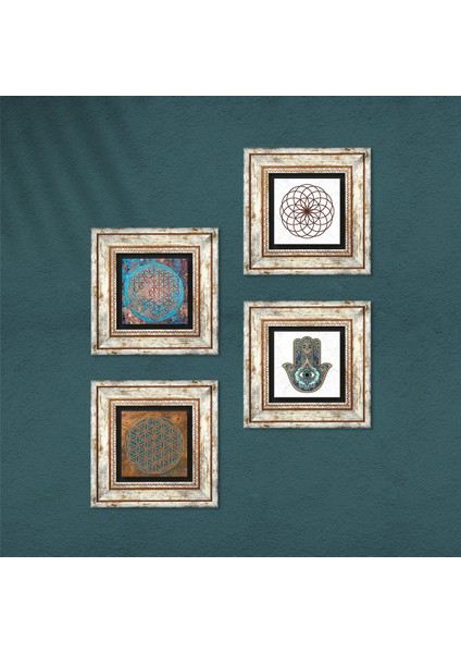 Stone Yaşam Çiçeği, Fatma Ana Eli (Hamsa) Çerçeveli Taş Duvar Tablosu 4’lü Set - Dekoratif Modern Sanat, Ev ve Ofis Dekoru |TK4-420| fırsatları
