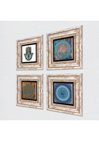 Stone Nazar, Yaşam Çiçeği, Fatma Ana Eli (Hamsa) Çerçeveli Taş Duvar Tablosu 4’lü Set - Dekoratif Modern Sanat, Ev ve Ofis Dekoru |TK4-427| fiyatları