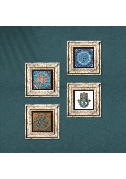 Stone Nazar, Yaşam Çiçeği, Fatma Ana Eli (Hamsa) Çerçeveli Taş Duvar Tablosu 4’lü Set - Dekoratif Modern Sanat, Ev ve Ofis Dekoru |TK4-427| fırsatları