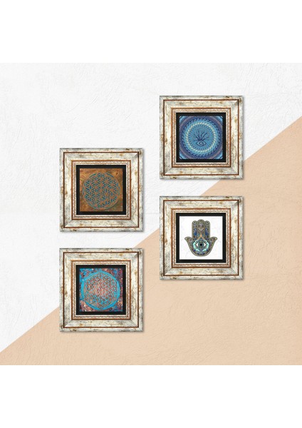 Stone Nazar, Yaşam Çiçeği, Fatma Ana Eli (Hamsa) Çerçeveli Taş Duvar Tablosu 4’lü Set - Dekoratif Modern Sanat, Ev ve Ofis Dekoru |TK4-427| indirimleri