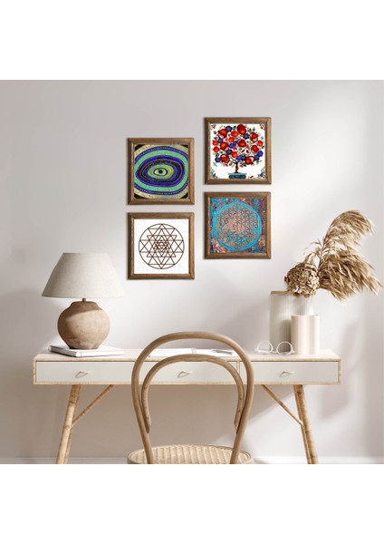 Nazar, Yaşam Çiçeği, Sri Yantra, Nar Ağacı Taş Duvar Tablosu Ahşap Çerçeveli Duvar Dekoru 4 Parça Tablo Seti Wall Art W4-1020