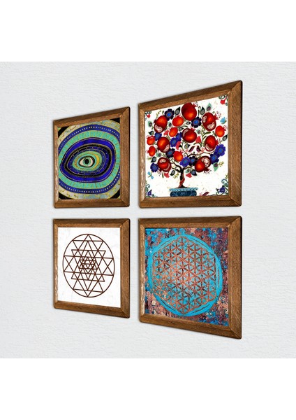 Nazar, Yaşam Çiçeği, Sri Yantra, Nar Ağacı Taş Duvar Tablosu Ahşap Çerçeveli Duvar Dekoru 4 Parça Tablo Seti Wall Art W4-1020
