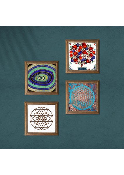 Nazar, Yaşam Çiçeği, Sri Yantra, Nar Ağacı Taş Duvar Tablosu Ahşap Çerçeveli Duvar Dekoru 4 Parça Tablo Seti Wall Art W4-1020