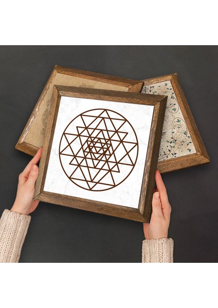 Nazar, Yaşam Çiçeği, Sri Yantra, Nar Ağacı Taş Duvar Tablosu Ahşap Çerçeveli Duvar Dekoru 4 Parça Tablo Seti Wall Art W4-1020