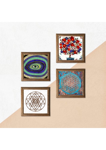 Nazar, Yaşam Çiçeği, Sri Yantra, Nar Ağacı Taş Duvar Tablosu Ahşap Çerçeveli Duvar Dekoru 4 Parça Tablo Seti Wall Art W4-1020
