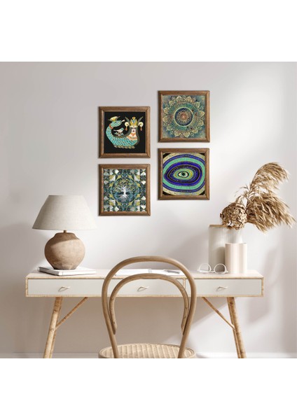 Hayat Ağacı, Mandala, Nazar, Şahmeran Ahşap Çerçeveli Taş Duvar Tablosu 4’lü Set – 25x25 cm Dekoratif Modern Sanat – Ev ve Ofis Dekoru |W4-1030|
