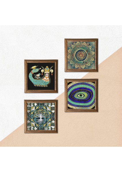 Hayat Ağacı, Mandala, Nazar, Şahmeran Ahşap Çerçeveli Taş Duvar Tablosu 4’lü Set – 25x25 cm Dekoratif Modern Sanat – Ev ve Ofis Dekoru |W4-1030| indirimleri