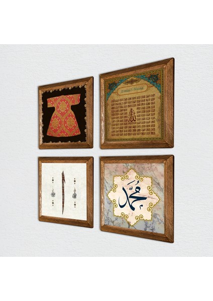 Hırka-i Şerif, Elif, Hz. Muhammed Lafzı, Esma'ül Hüsna Taş Duvar Tablosu Ahşap Çerçeveli Duvar Dekoru 4 Parça Tablo Seti Wall Art W4-1045 fiyatları