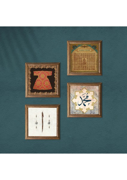 Hırka-i Şerif, Elif, Hz. Muhammed Lafzı, Esma'ül Hüsna Taş Duvar Tablosu Ahşap Çerçeveli Duvar Dekoru 4 Parça Tablo Seti Wall Art W4-1045 modelleri