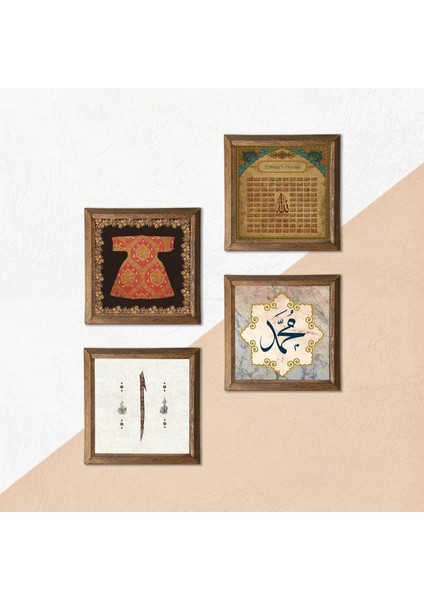 Hırka-i Şerif, Elif, Hz. Muhammed Lafzı, Esma'ül Hüsna Taş Duvar Tablosu Ahşap Çerçeveli Duvar Dekoru 4 Parça Tablo Seti Wall Art W4-1045 indirimleri