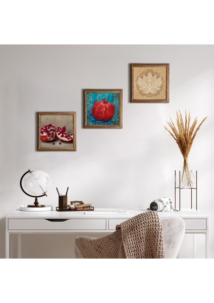 Lotus Çiçeği, Nar Taş Duvar Tablosu Ahşap Çerçeveli Duvar Dekoru 3 Parça Tablo Seti Wall Art W3-820