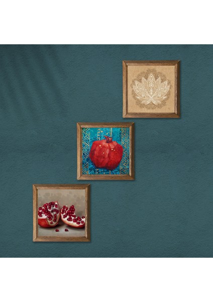 Lotus Çiçeği, Nar Taş Duvar Tablosu Ahşap Çerçeveli Duvar Dekoru 3 Parça Tablo Seti Wall Art W3-820 modelleri