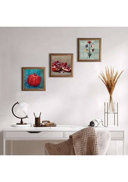 Ebru Sanatı, Nar Taş Duvar Tablosu Ahşap Çerçeveli Duvar Dekoru 3 Parça Tablo Seti Wall Art W3-838