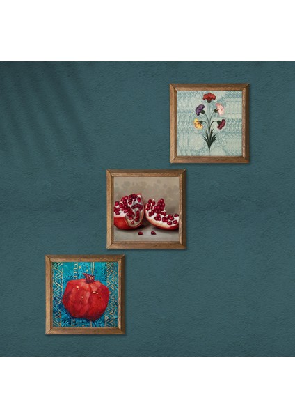 Ebru Sanatı, Nar Taş Duvar Tablosu Ahşap Çerçeveli Duvar Dekoru 3 Parça Tablo Seti Wall Art W3-838