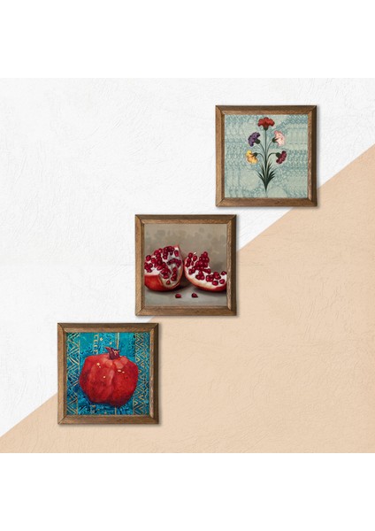 Ebru Sanatı, Nar Taş Duvar Tablosu Ahşap Çerçeveli Duvar Dekoru 3 Parça Tablo Seti Wall Art W3-838
