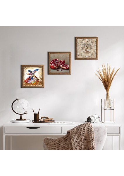 Hayat Ağacı, Semazen, Nar Taş Duvar Tablosu Ahşap Çerçeveli Duvar Dekoru 3 Parça Tablo Seti Wall Art W3-845