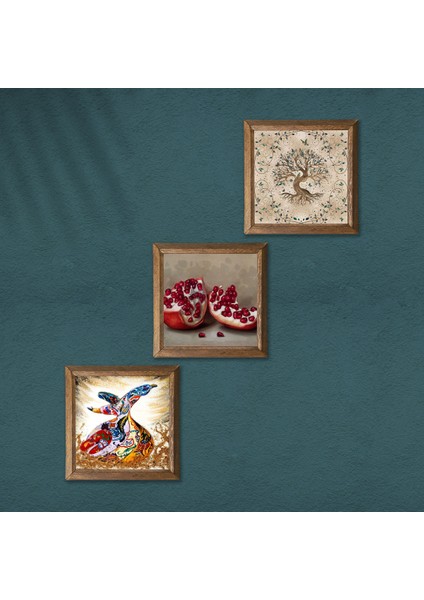 Hayat Ağacı, Semazen, Nar Taş Duvar Tablosu Ahşap Çerçeveli Duvar Dekoru 3 Parça Tablo Seti Wall Art W3-845