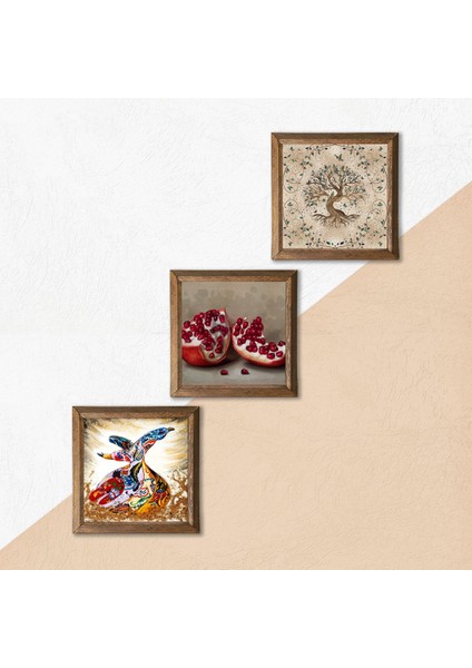Hayat Ağacı, Semazen, Nar Taş Duvar Tablosu Ahşap Çerçeveli Duvar Dekoru 3 Parça Tablo Seti Wall Art W3-845