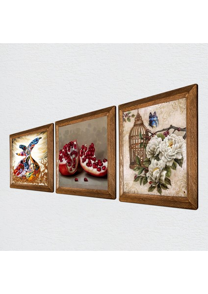 Kelebekli Çiçek, Semazen, Nar Taş Duvar Tablosu Ahşap Çerçeveli Duvar Dekoru 3 Parça Tablo Seti Wall Art W3-849