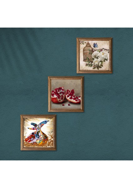 Kelebekli Çiçek, Semazen, Nar Taş Duvar Tablosu Ahşap Çerçeveli Duvar Dekoru 3 Parça Tablo Seti Wall Art W3-849