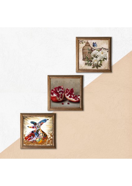 Kelebekli Çiçek, Semazen, Nar Taş Duvar Tablosu Ahşap Çerçeveli Duvar Dekoru 3 Parça Tablo Seti Wall Art W3-849