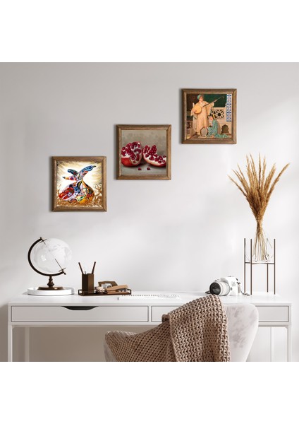 İki Müzisyen Kız Tablosu, Semazen, Nar Taş Duvar Tablosu Ahşap Çerçeveli Duvar Dekoru 3 Parça Tablo Seti Wall Art W3-852