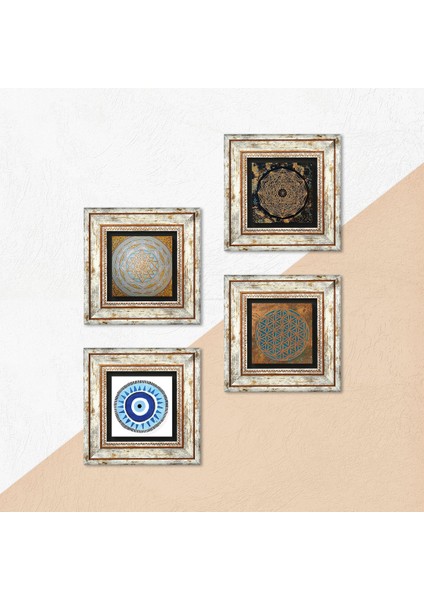Yaşam Çiçeği, Nazar, Sri Yantra Çerçeveli Taş Duvar Tablosu 4’lü Set - Dekoratif Modern Sanat, Ev ve Ofis Dekoru |TK4-589| indirimleri