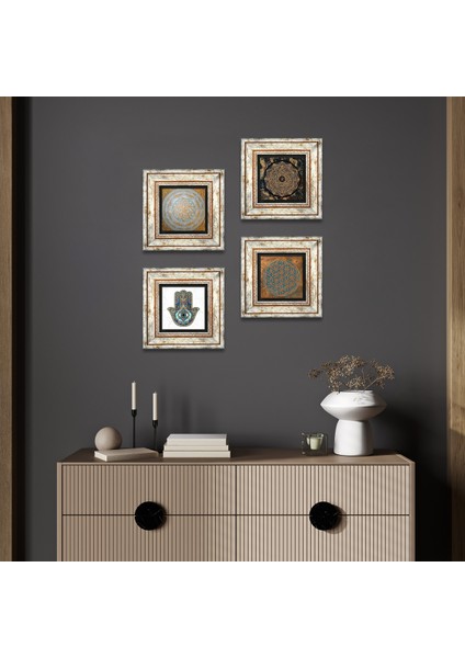 Stone Yaşam Çiçeği, Sri Yantra, Fatma Ana Eli (Hamsa) Çerçeveli Taş Duvar Tablosu 4’lü Set - Dekoratif Modern Sanat, Ev ve Ofis Dekoru |TK4-590|