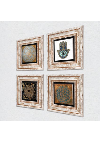 Stone Yaşam Çiçeği, Sri Yantra, Fatma Ana Eli (Hamsa) Çerçeveli Taş Duvar Tablosu 4’lü Set - Dekoratif Modern Sanat, Ev ve Ofis Dekoru |TK4-590| fiyatları