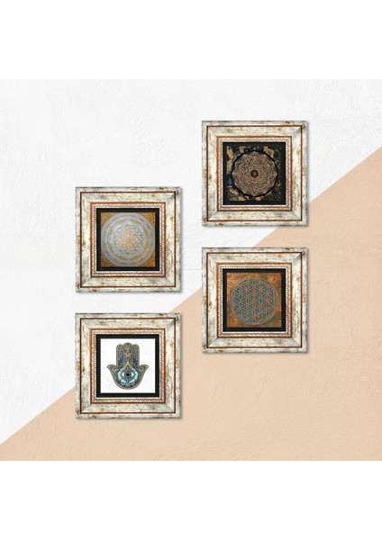 Stone Yaşam Çiçeği, Sri Yantra, Fatma Ana Eli (Hamsa) Çerçeveli Taş Duvar Tablosu 4’lü Set - Dekoratif Modern Sanat, Ev ve Ofis Dekoru |TK4-590| indirimleri